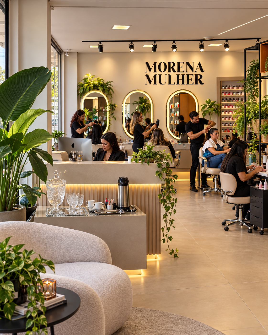 Interior do salão Morena Mulher com profissionais em atendimento