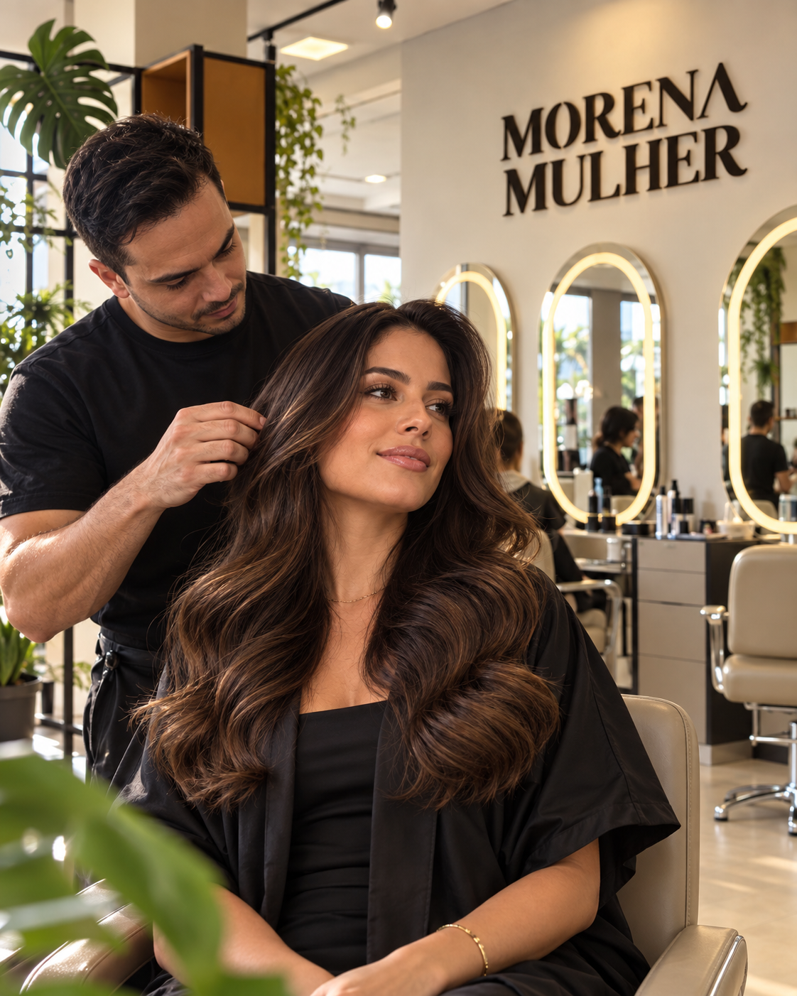 Profissional cuidando do cabelo de uma cliente no Morena Mulher