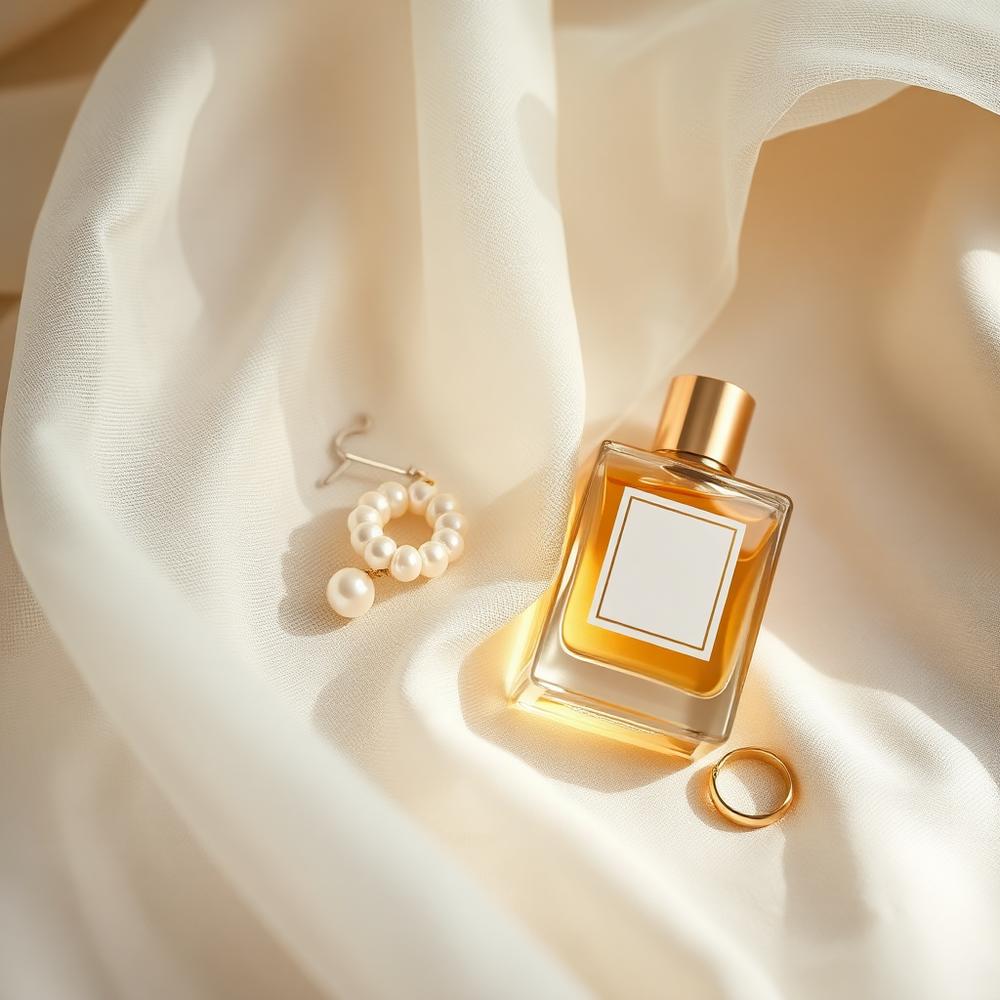 Detalhes de joias e perfume sobre seda