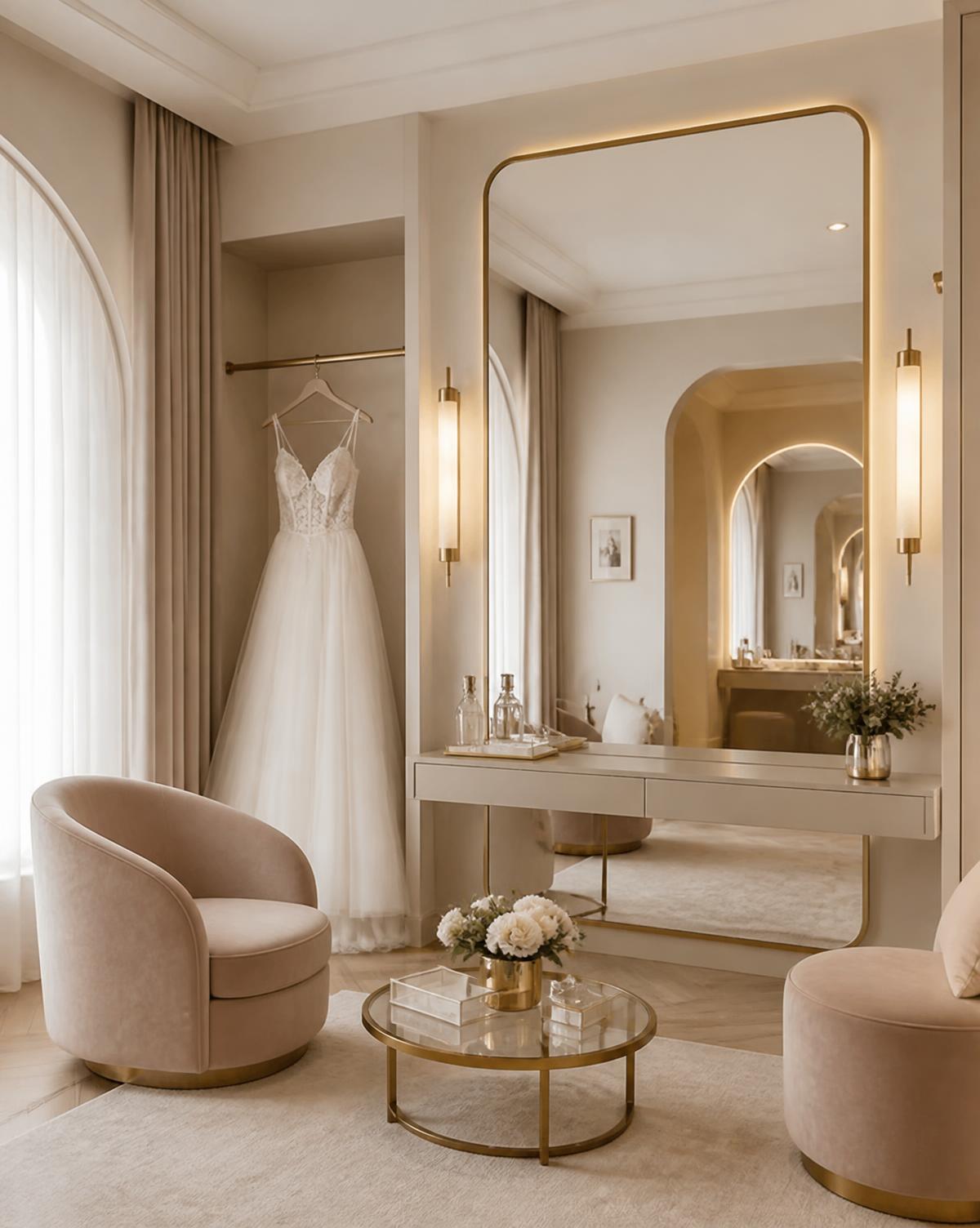 Sala da noiva do Morena Mulher com espelho iluminado e vestido